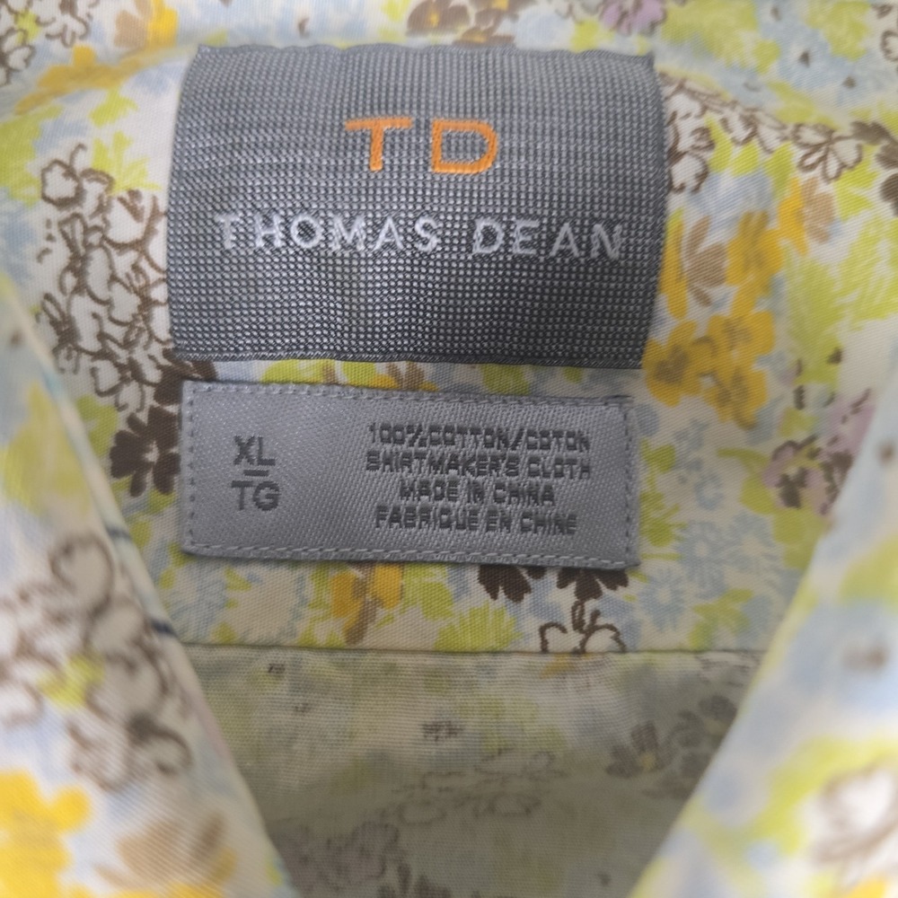 Thomas Dean Mens XL Shirt Yellow Floral Long Sleeve Flip Cuff Shirtmakers Cloth - Picture 2 of 8